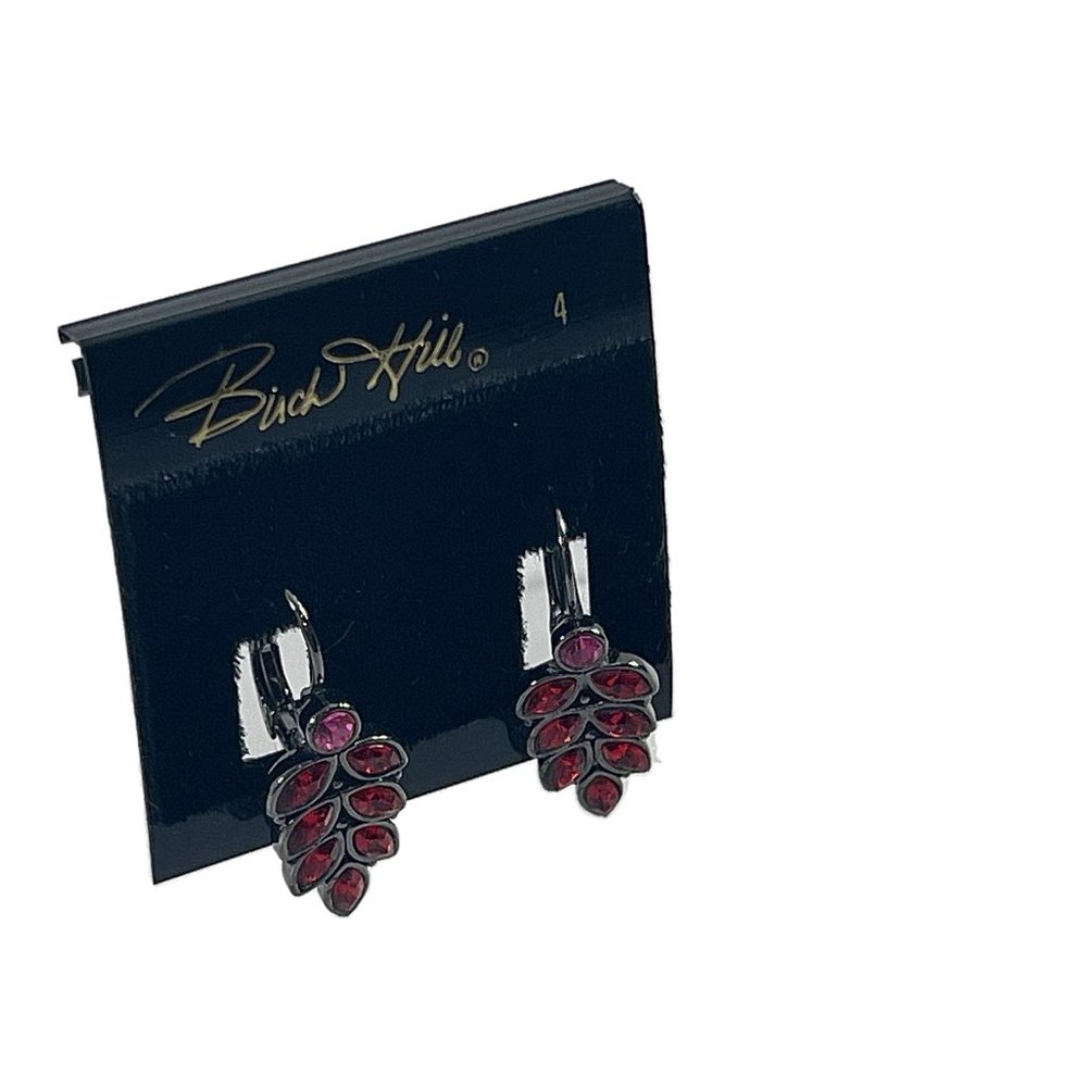 Birch Hill Earrings Tear Drop Leaf Shape Charcoal Gray Tone Red Pink Rhinestones